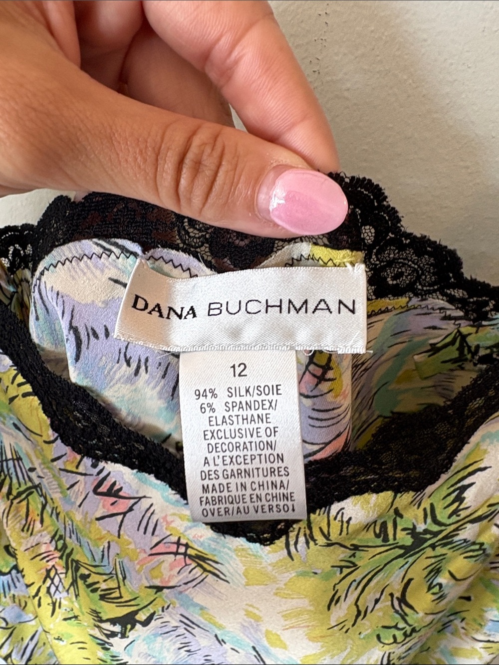 Dana Buchman silk Y2K Yellow Floral Satin Camisole with Black Lace Trim Sz 12 - Picture 4 of 5